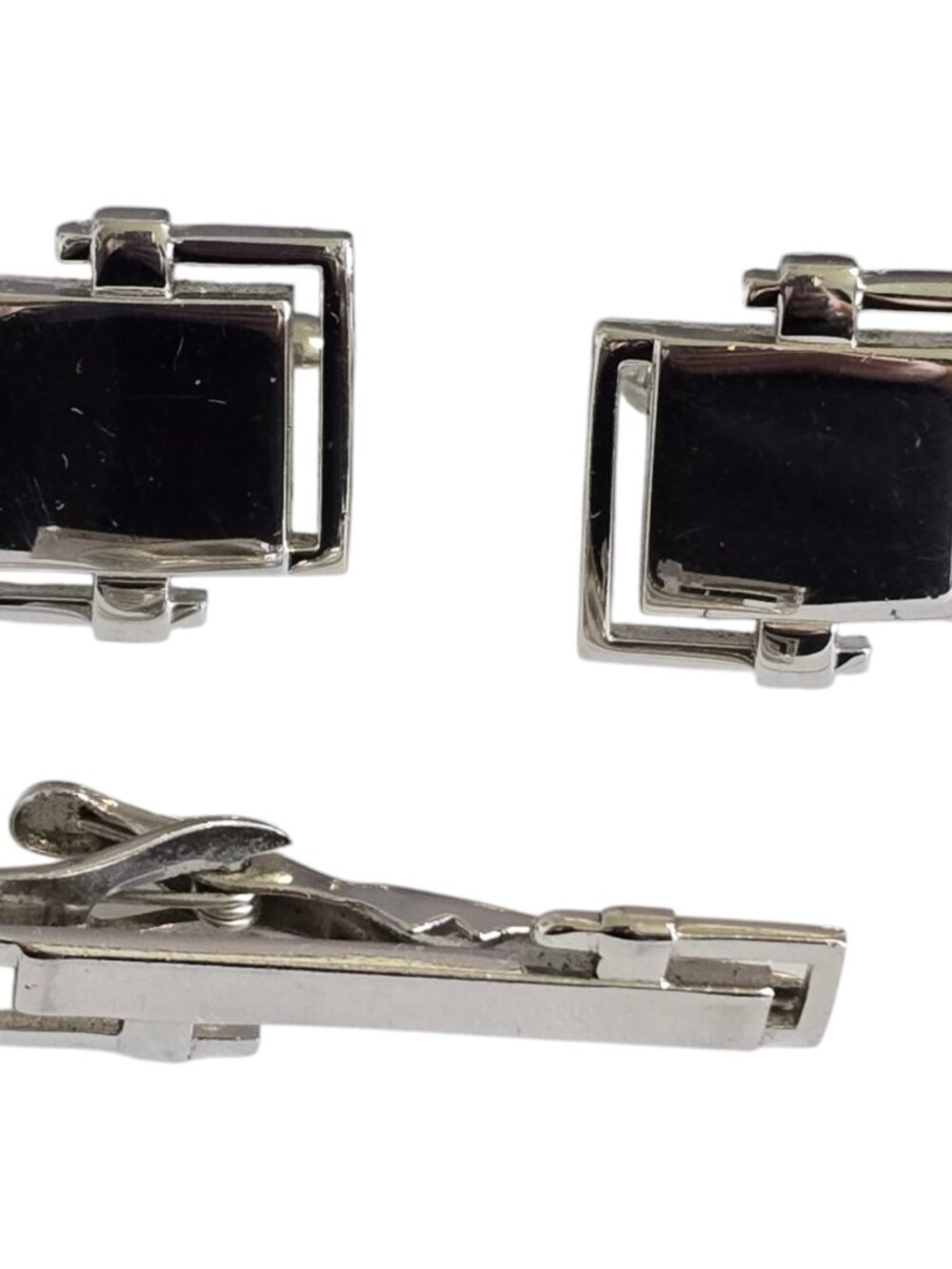 Vintage Swank Cufflinks & Tie Clip Set Silver Tone Geometric Square Shaped